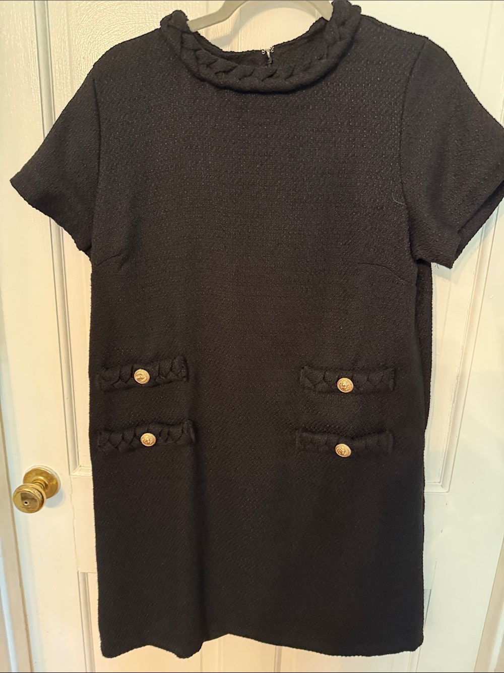 Black Short-Sleeve Mini Dress with Braided Trim and Gold Buttons